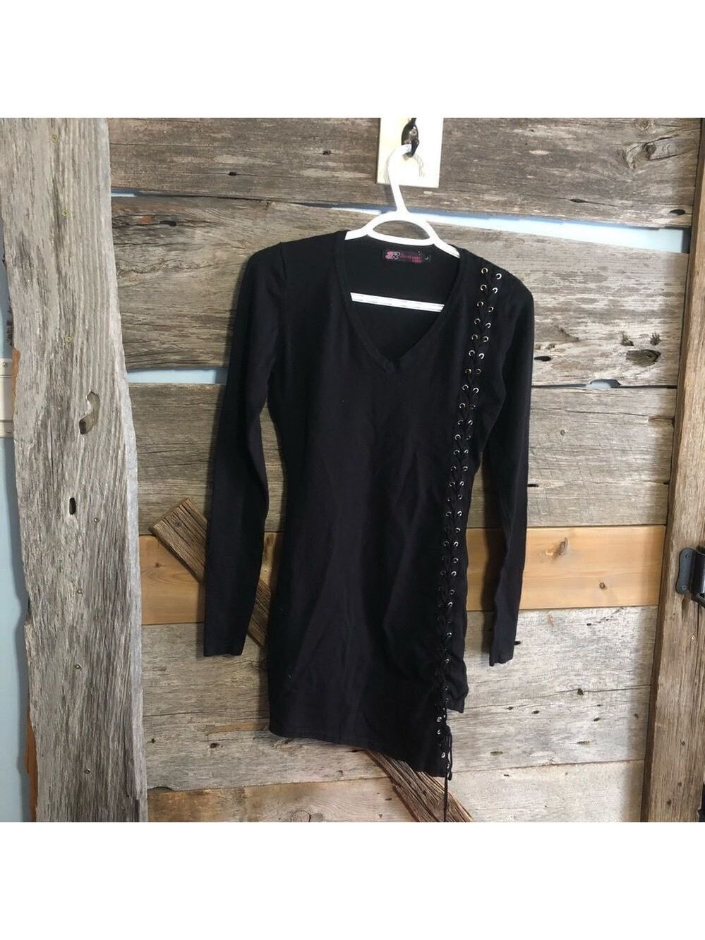STREETWEAR Size Large Black V-Neck, Side Lace Up Sweater Dress
